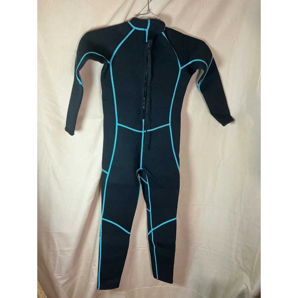 OMGear Wetsuit Kids Size 14 Black Aqua Excellent 3mm Neoprene Full Body Suit